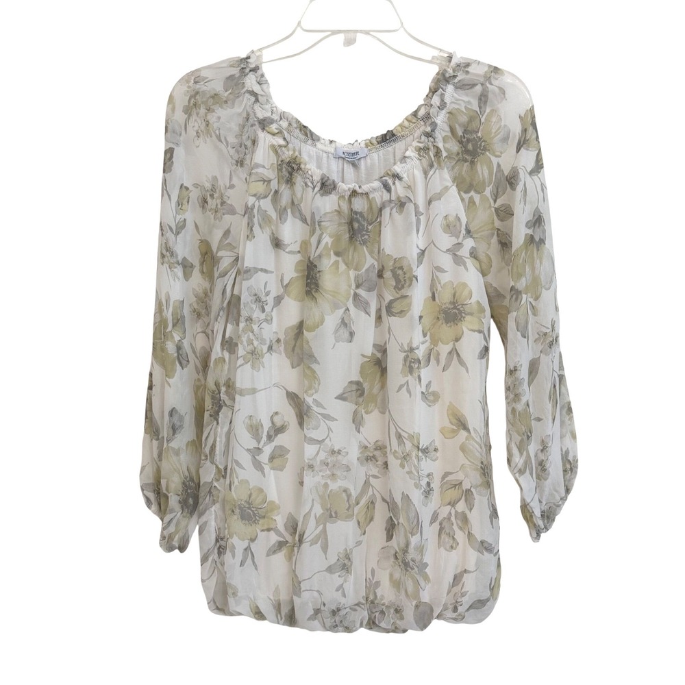 Rosemarine Made in Italy 100% Silk Floral Bohemian Bubble Hem Peasant Blouse  L